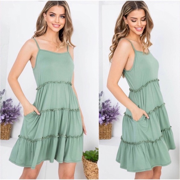 Blossom Boutique Dresses & Skirts - 1 LEFT! Military Green Ruffle Tiered Flowy Women’s Cute Pocket Dress